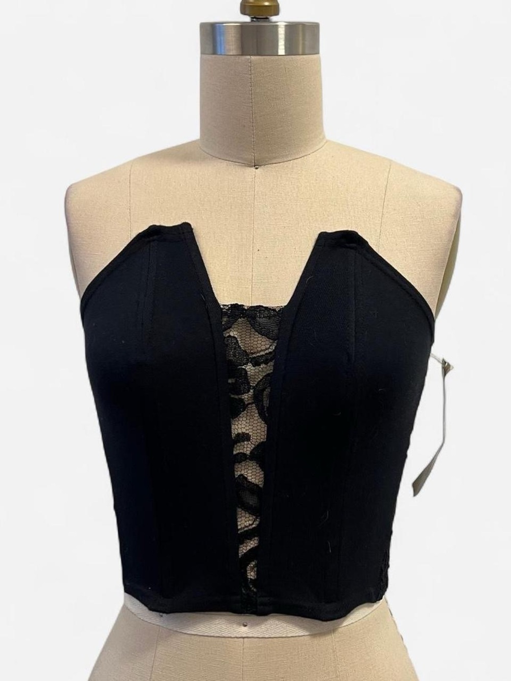 New Vintage Black Lace-Panel Bustier Crop Top